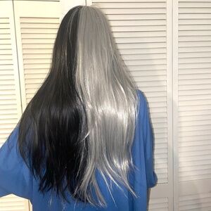 Half Gray Silver Half Black Wig with Bangs Long Straight Halloween Cosplay Wigs